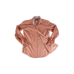 Bugatchi Shirt Adult Size 17.5 Orange Gingham Plaid Car Button Down Long Sleeve